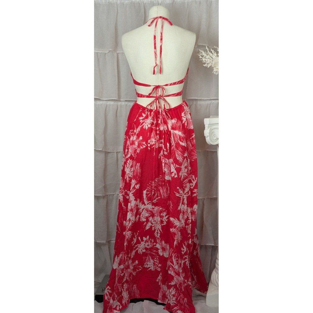 Free People Red Floral Lille Halter Cutout Tie Back Flowy Boho Maxi Dress S - Picture 6 of 10
